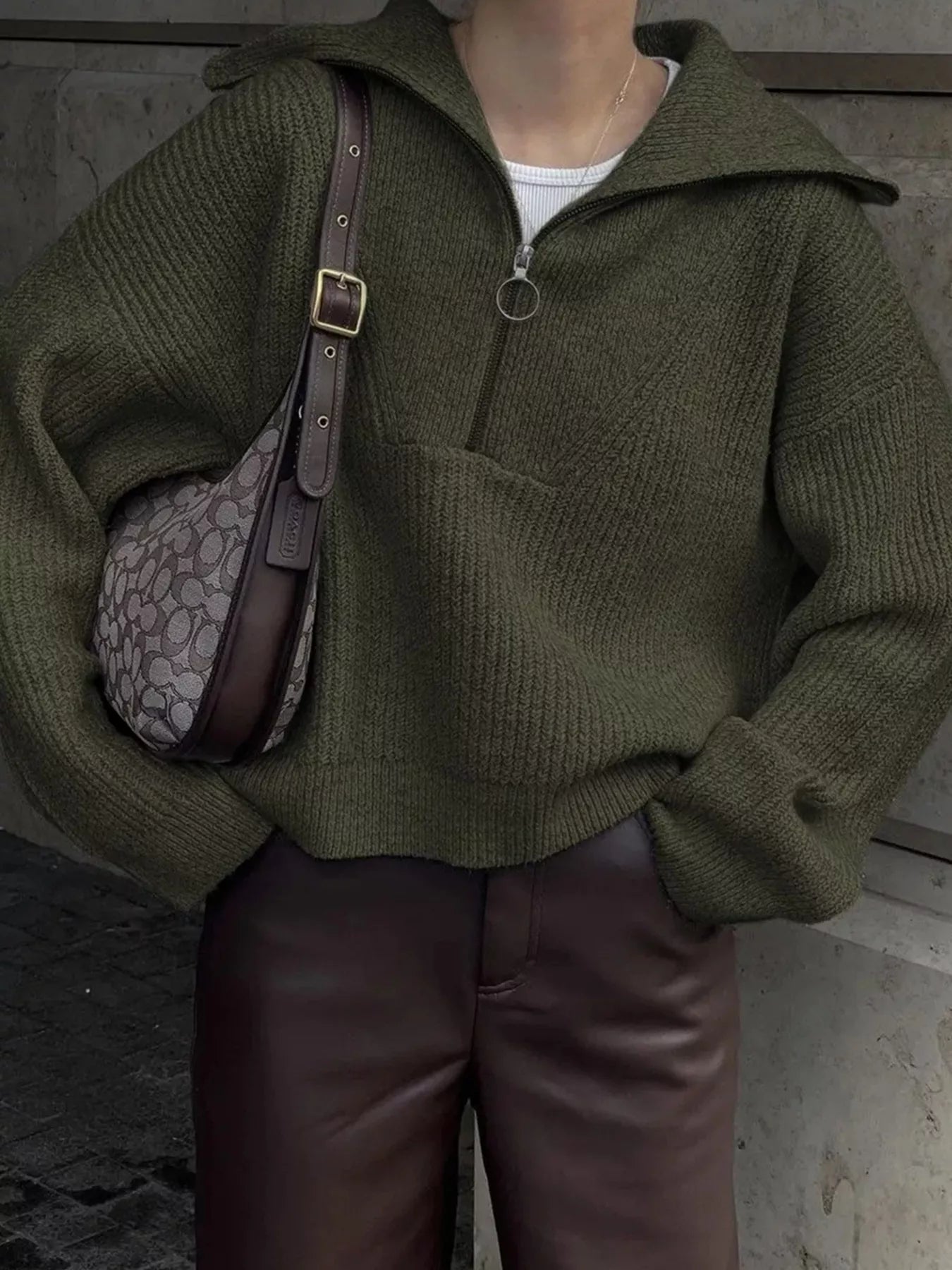 Sarah Express Women's Half Zip Dropped Shoulder Sweater Army Green One Size