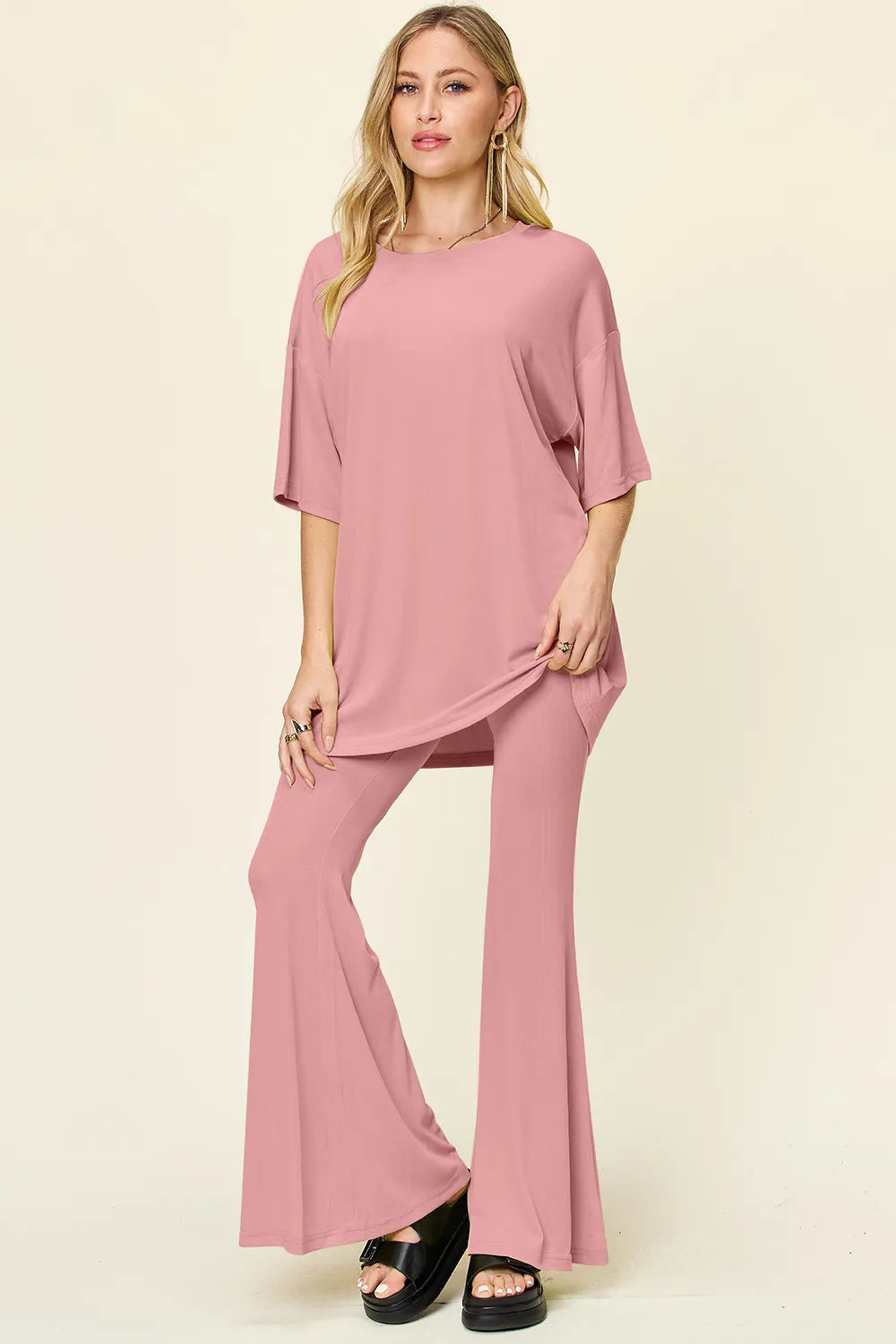 Sarah Express Women's Round Neck Drop Shoulder T-Shirt and Flare Pants Set Dusty Pink