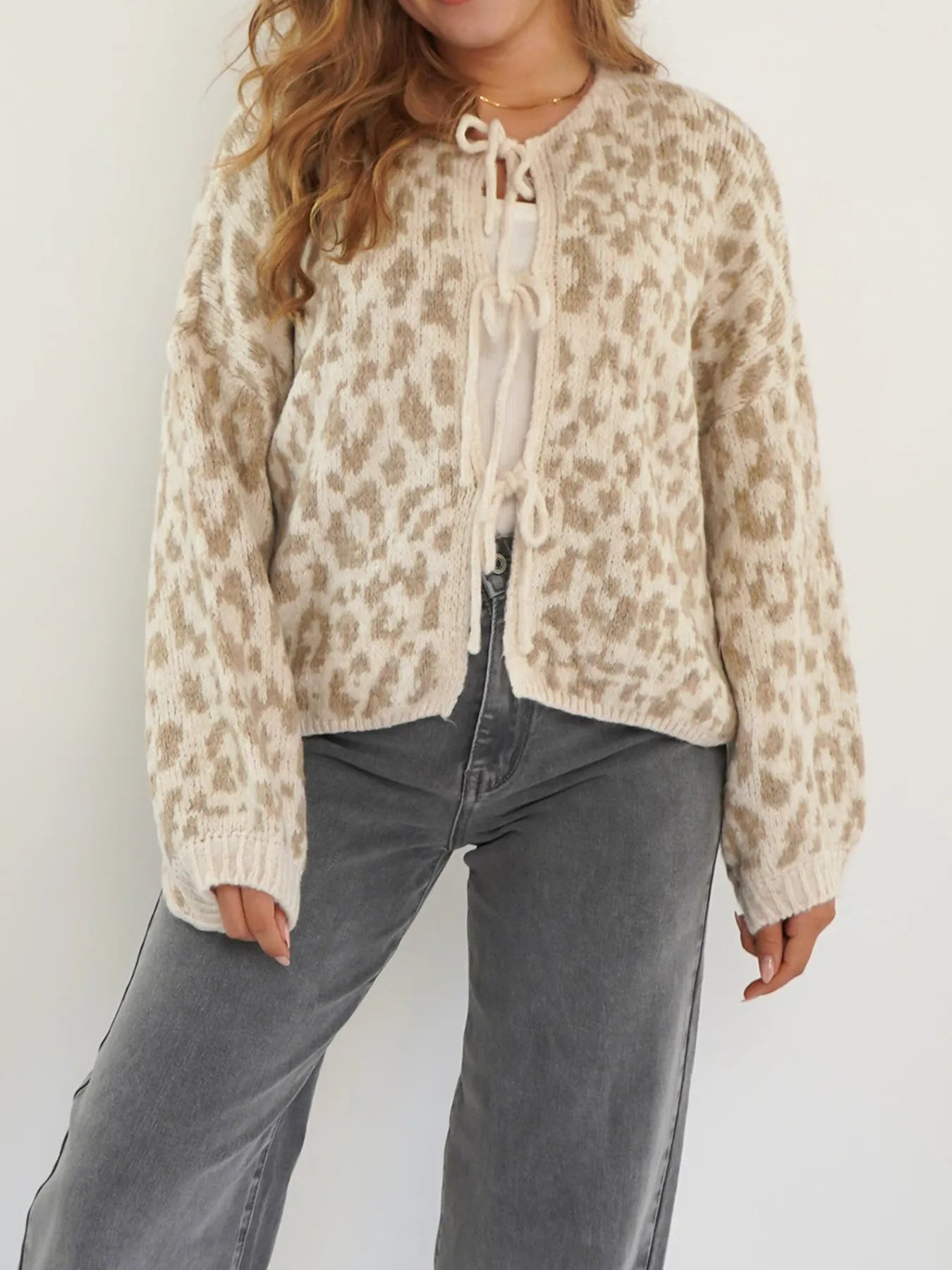 Sarah Express Women's Leopard Tie Front Cardigan Khaki