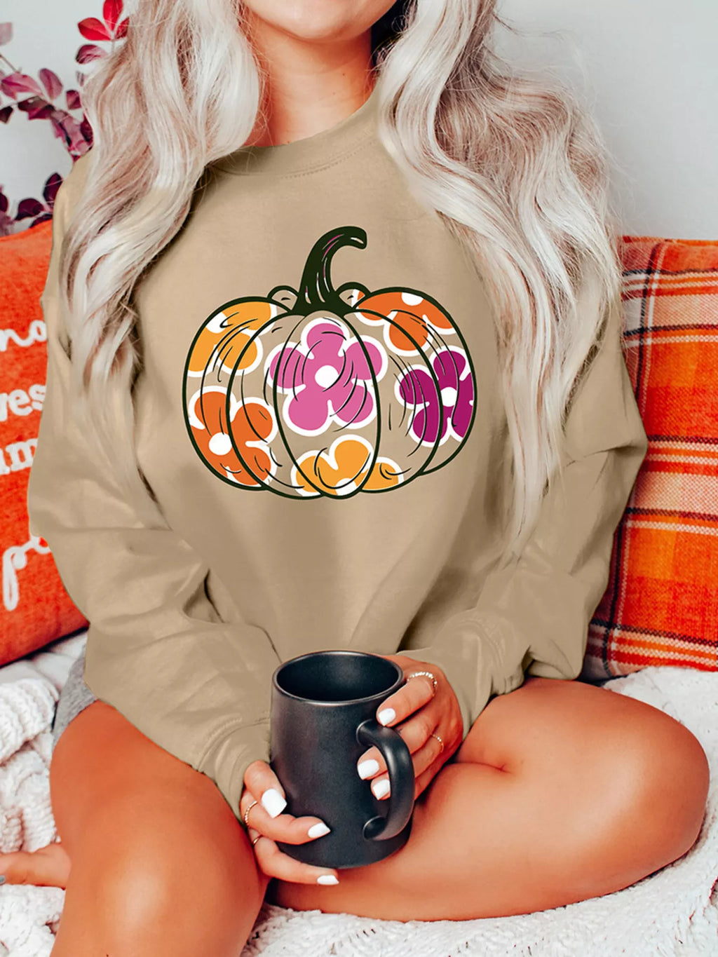 Sarah Express Women's Halloween Floral Pumpkin Graphic Drop Shoulder Sweatshirt Khaki