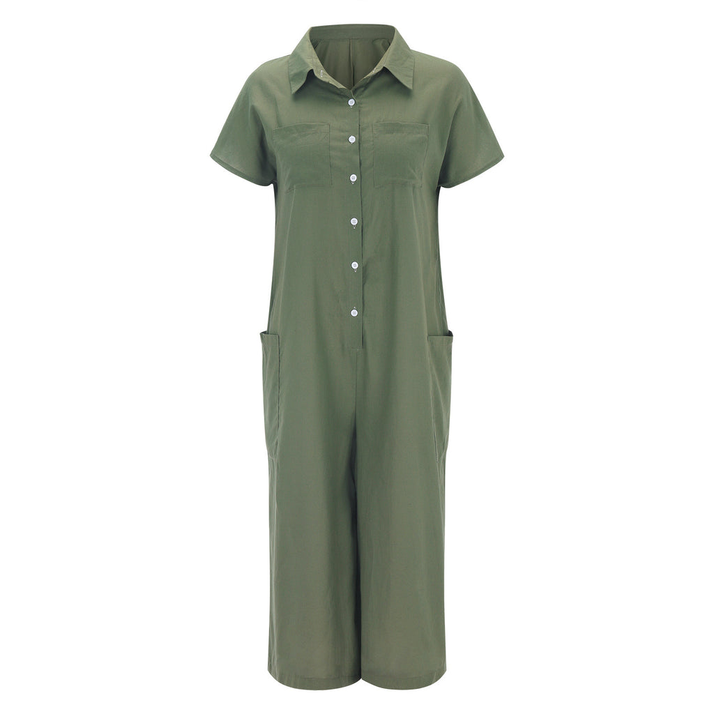 Short Sleeve Mid-Length Linen Jumpsuit Casual