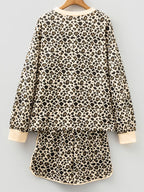 Sarah Express Women's Leopard Print Contrast Trim Long Sleeve Pullover and Drawstring Shorts 2pcs Outfit