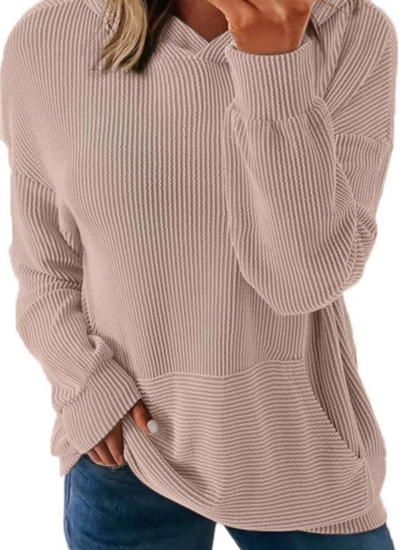 Sarah Express Women's Ribbed Oversized Hoodie Sweatshirt with Pocket