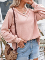 Sarah Express Women's Exposed Seam Ribbed Knit V Neck Top