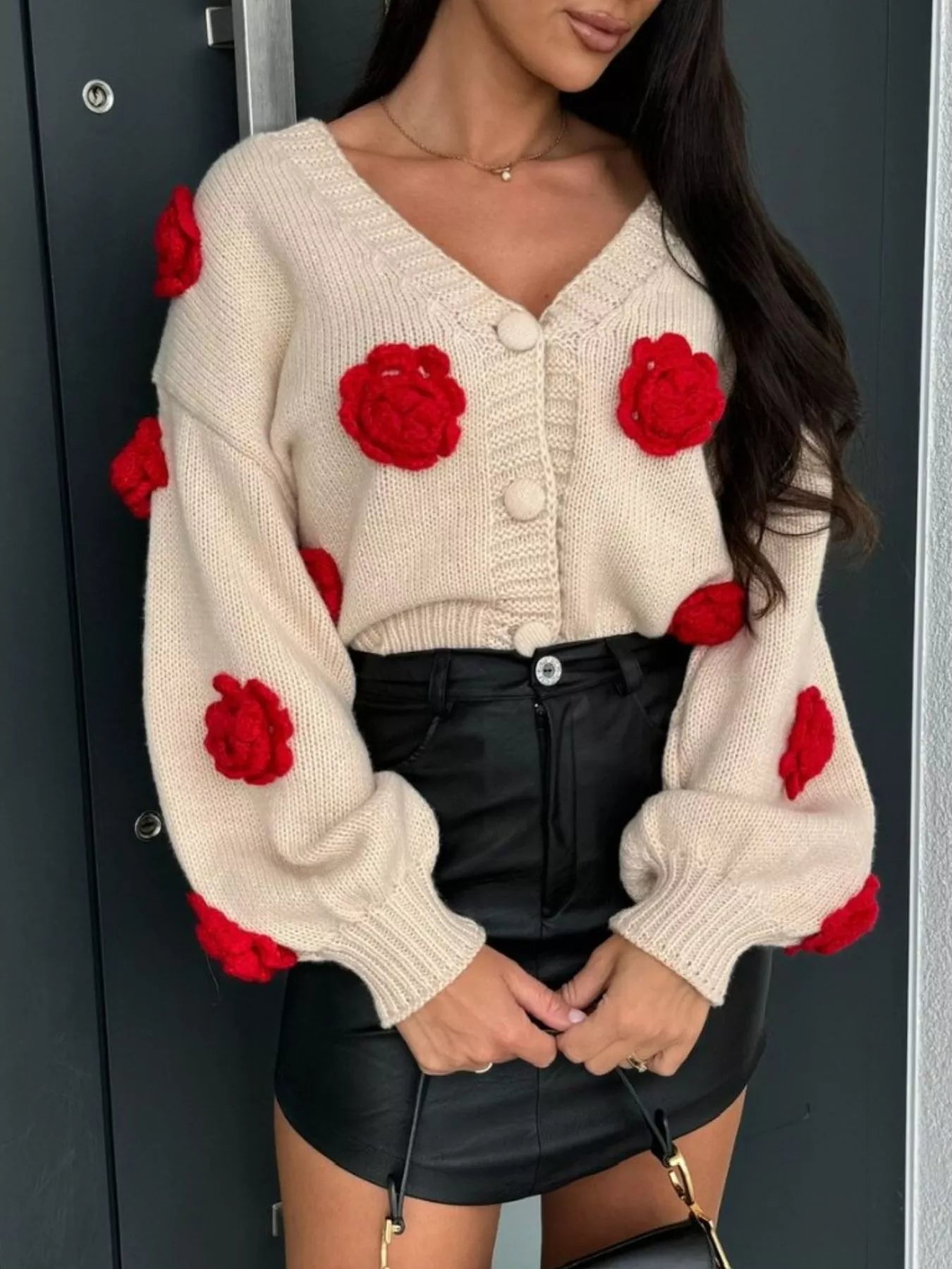 Sarah Express Women's Rose Embellished V-Neck Cardigan - Button Front Sweater