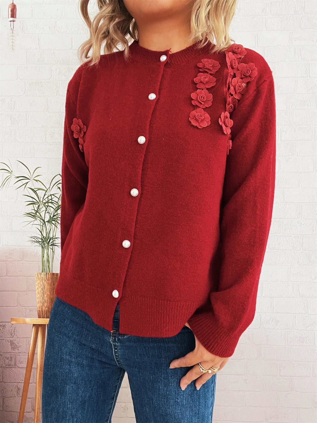 Sarah Express Women's Flower Button Up Long Sleeve Cardigan