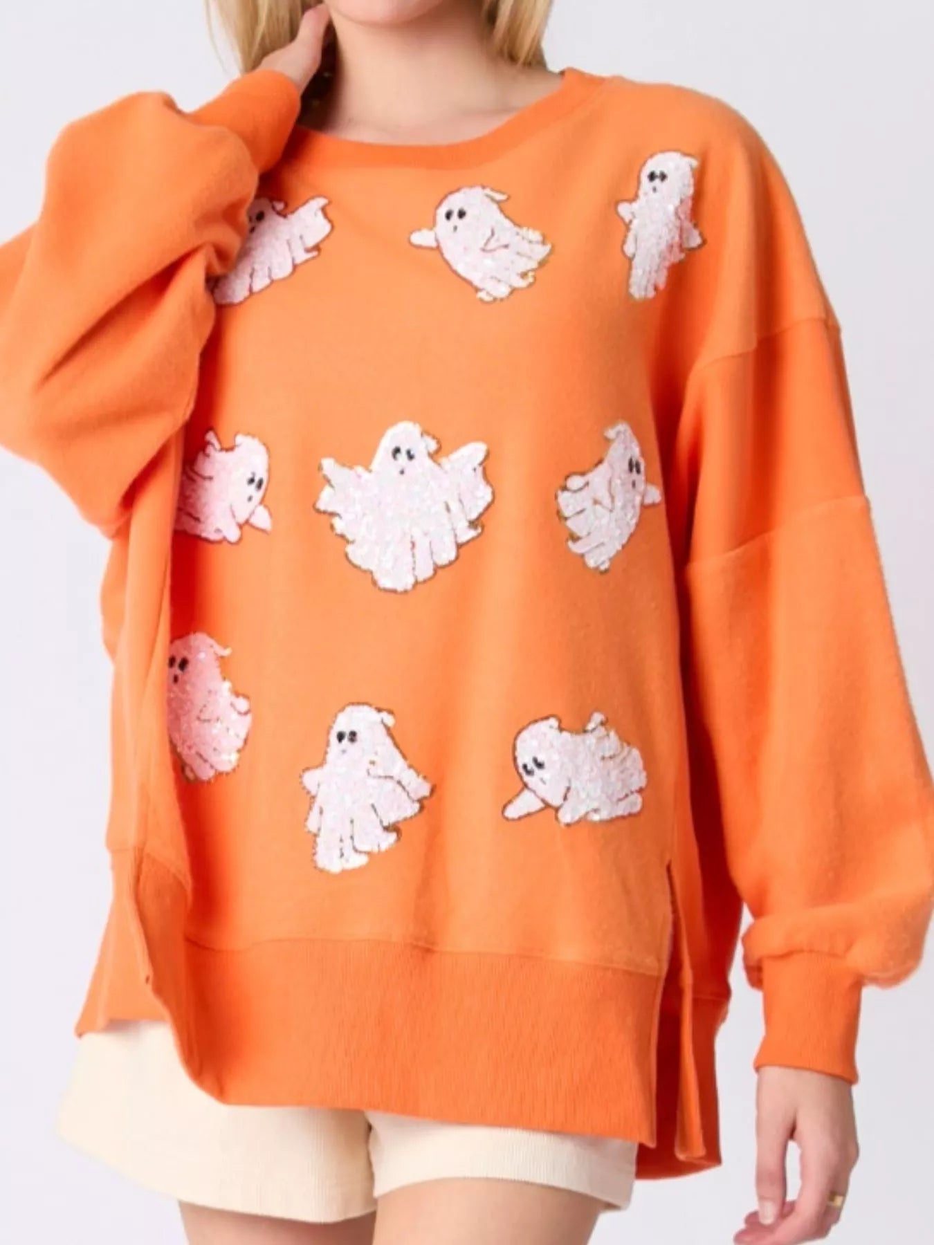 Sarah Express Women's Halloween Sequin Ghost Oversized Sweatshirt