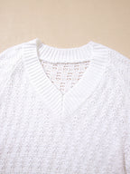 Sarah Express Women's Textured Knit Ribbed Edge V Neck Loose Sweater