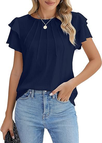 Women's Pleated Round Neck Blouse Short Sleeve Professional Work Top
