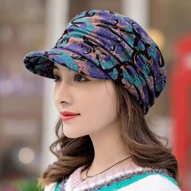 Floral Print Duck Cap Dome Hat Short Brim with Neck Protection