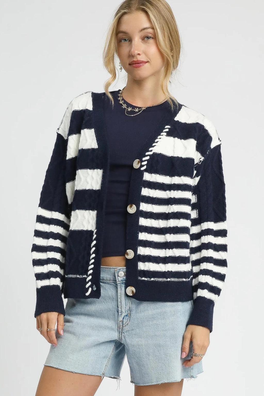 Sarah Express Women’s Stripe Cable-Knit Button-Up Cardigan Casual Fall Winter