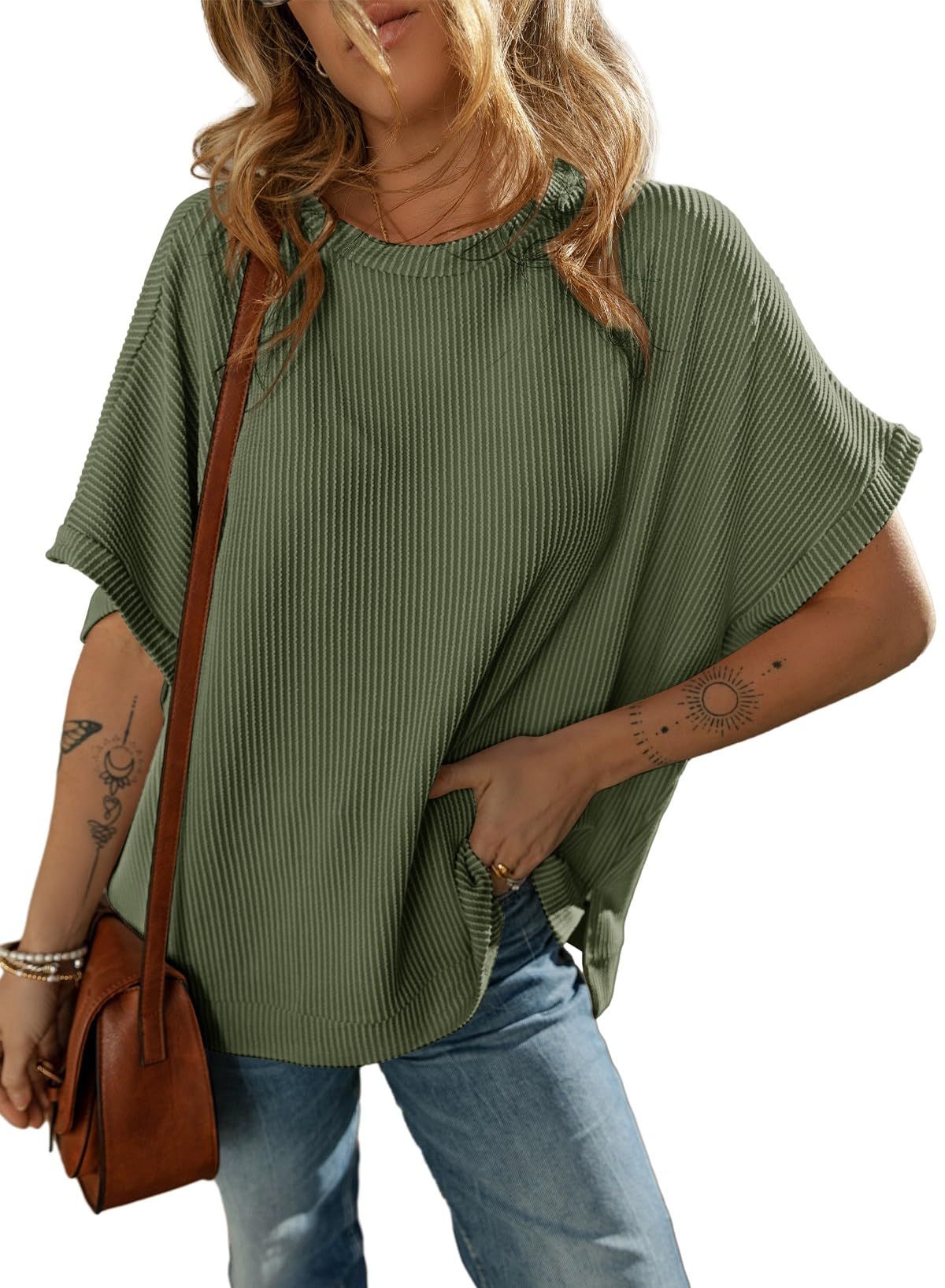 Solid Color Knitted T-Shirt Women's Half Sleeve Loose Casual Pullover Top