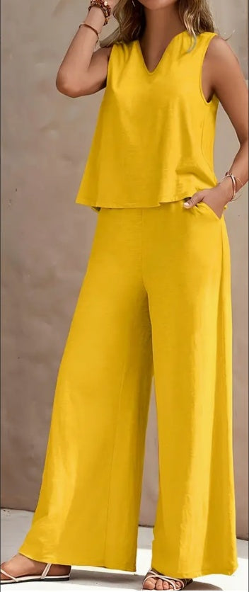 V Neck Tank Top Wide Leg Pants Set with Pockets Sleeveless 2 Piece