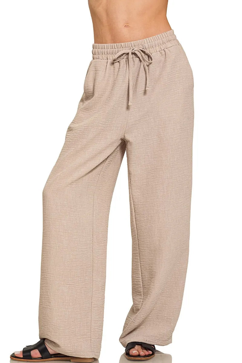 Sarah Express Women’s Woven Crepe Wide Leg Pants with Elastic Waist