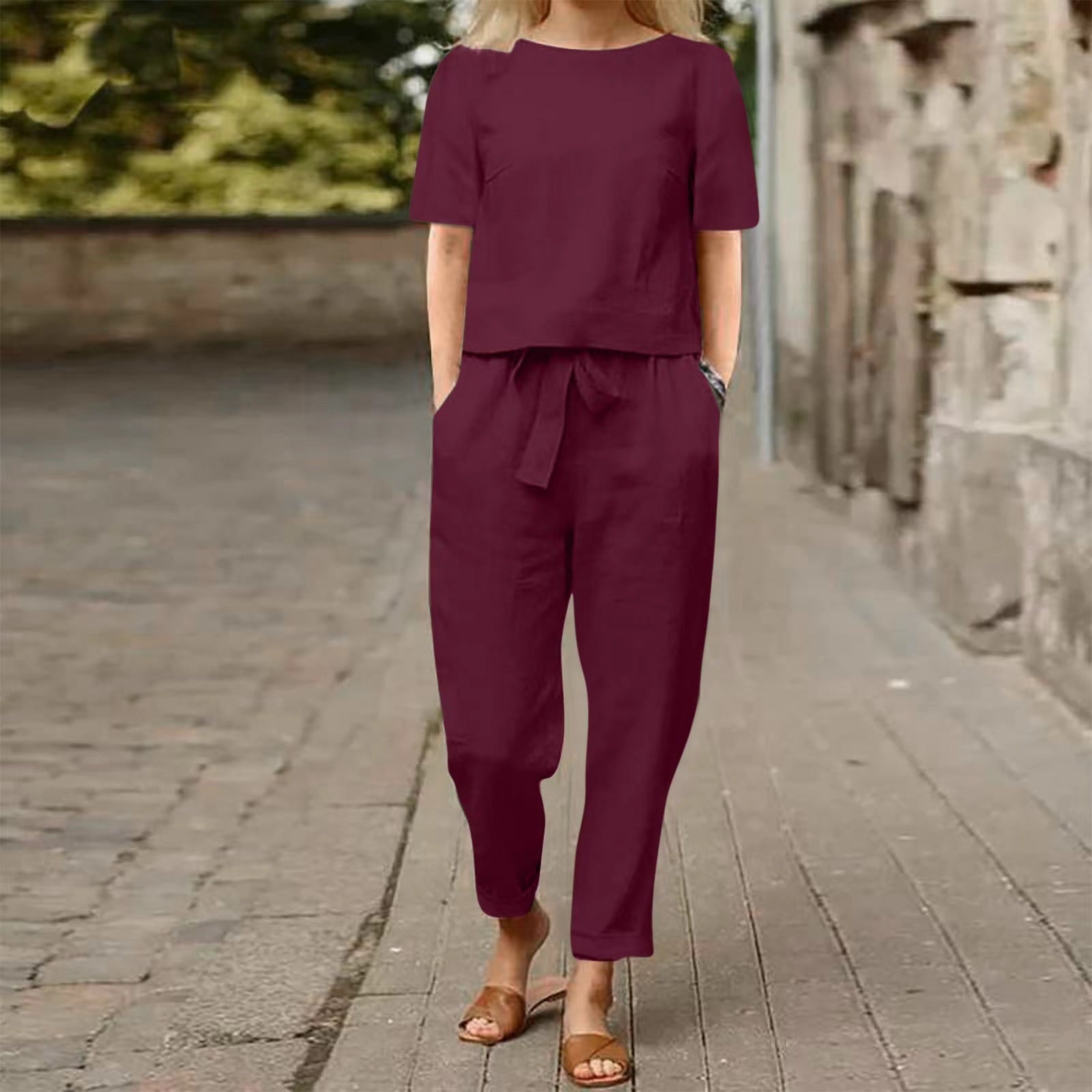 Women's Cotton Linen Top and Wide-Leg Pants Two-Piece Casual Set