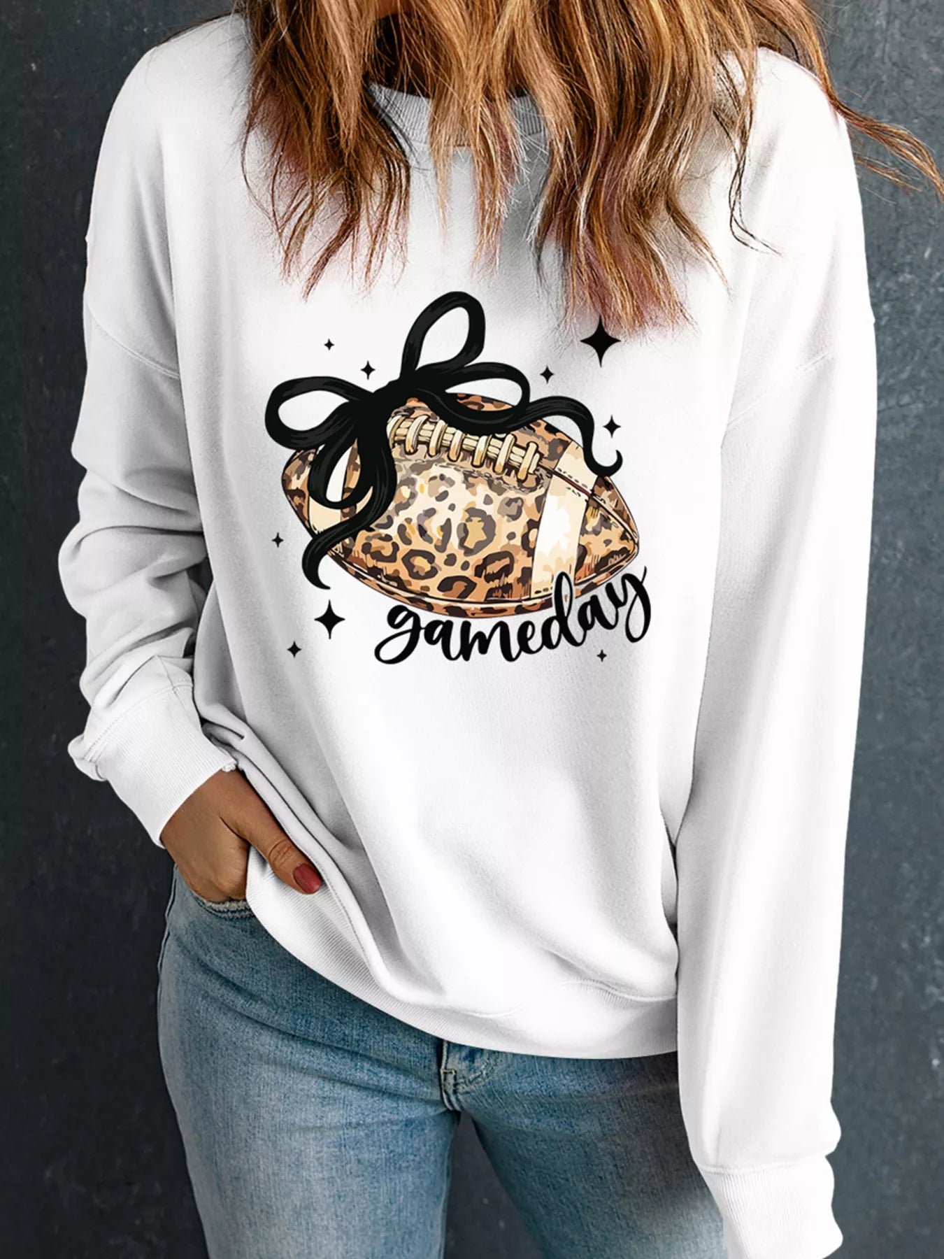 Sarah Express Women's Game Day Leopard Rugby Graphic Crew Neck Sweatshirt