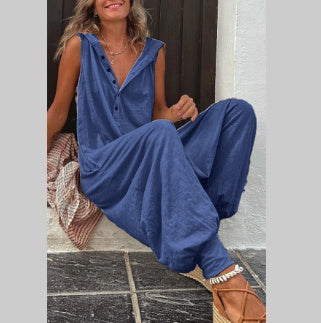 Button-Front Hooded Sleeveless Jumpsuit with Trousers