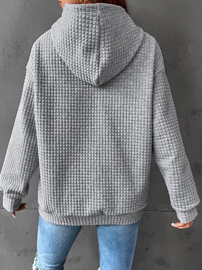 Women's Solid Color Hoodie Long Sleeve Plaid Pocket Pullover Sweatshirt Casual