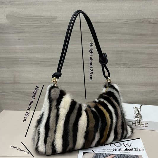 Sarah Express Handheld Plush Baguette Bag – Mink Fur & Synthetic Leather Mini Handbag