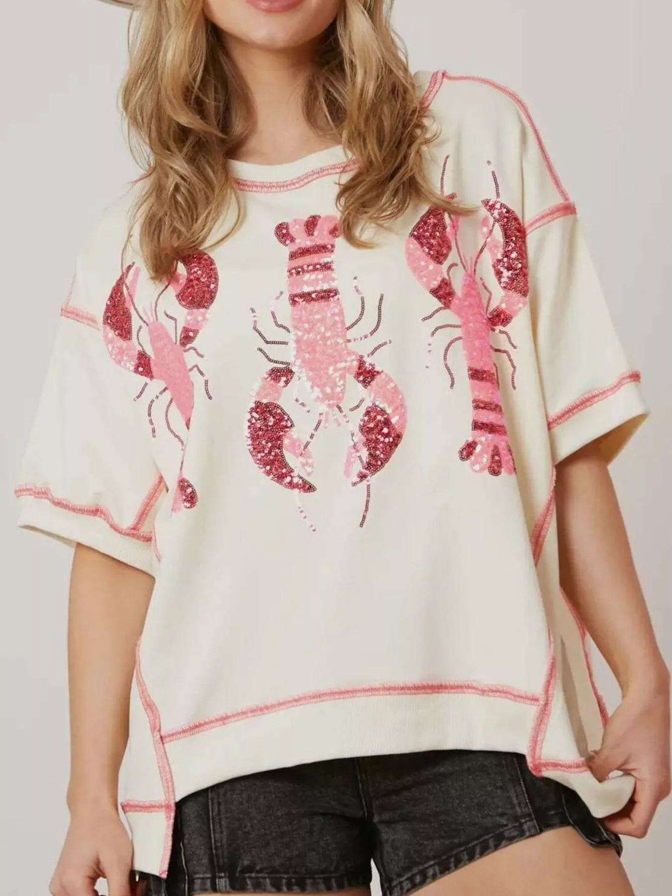 Sarah Express Women's Sequin Lobster Half Sleeve T-Shirt