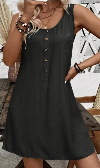 Women's Sleeveless Button-Up Dress Round Neck Knee Length
