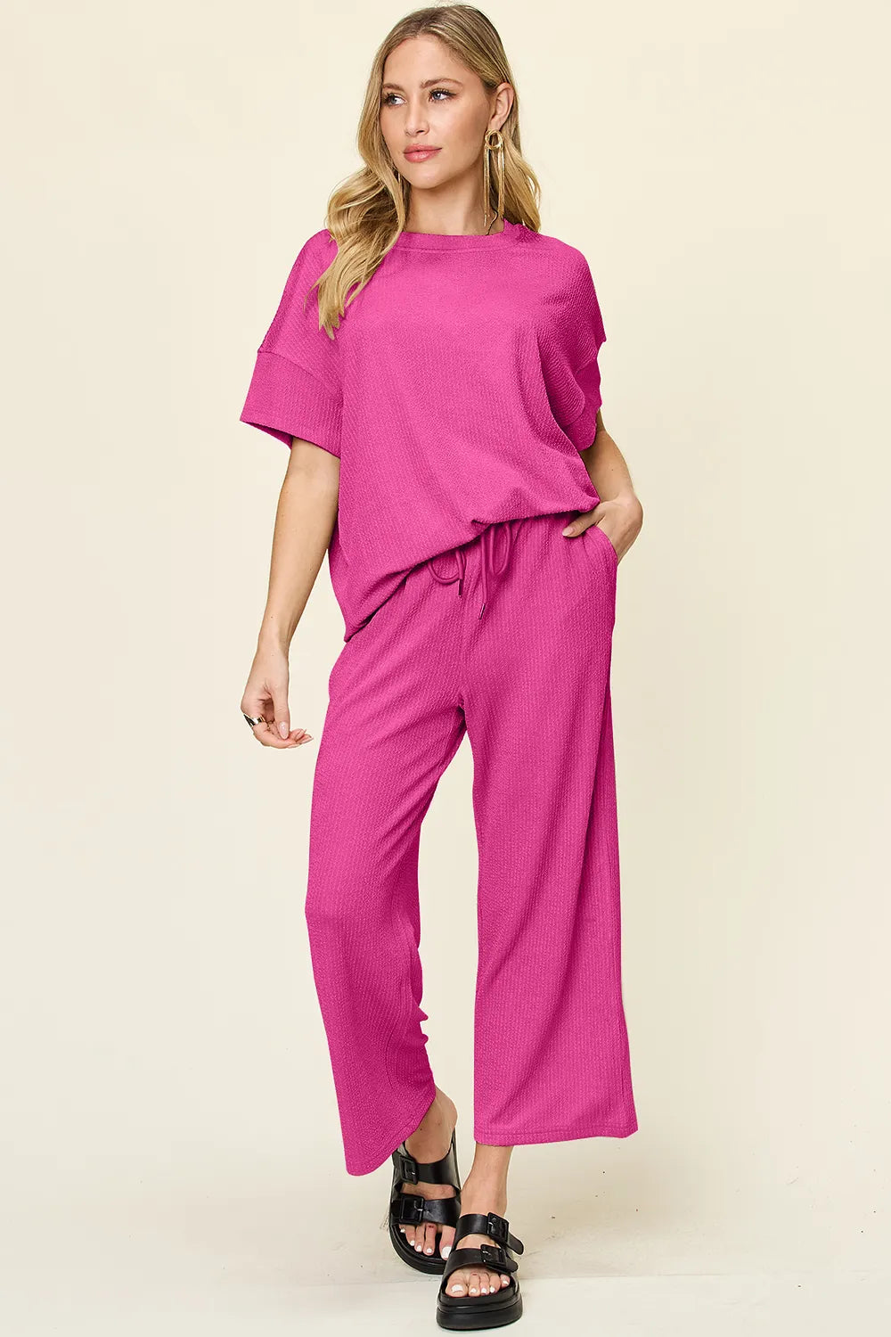 Sarah Express Women's Textured Round Neck T-Shirt and Wide Leg Pants Set