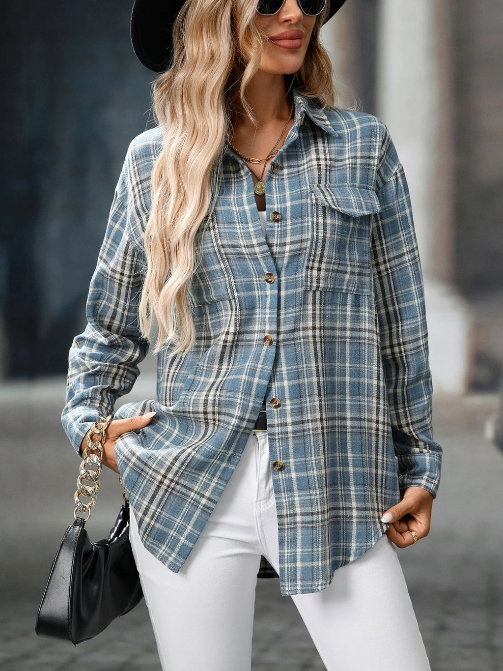 Sarah Express Women's Oversized Plaid Button-Up Shirt