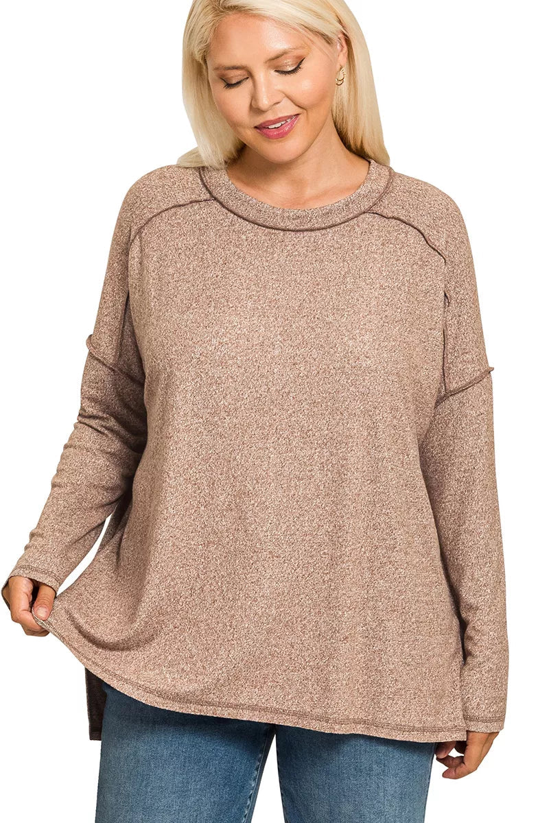 Sarah Express Women’s Plus Size Melange Hacci Tee with Exposed Seam Hi-Low Hem
