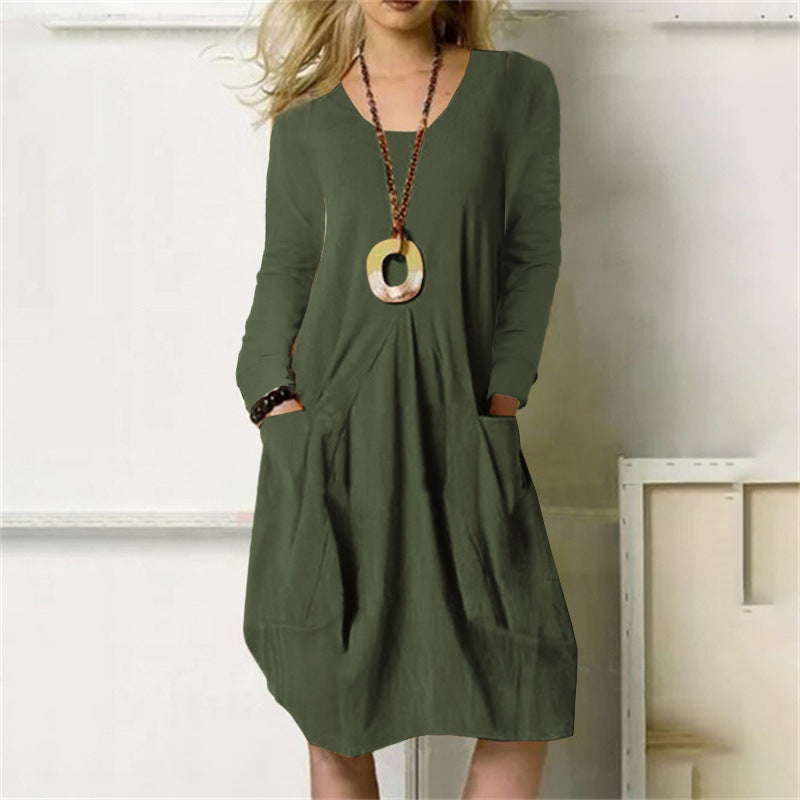 Women's Cotton Linen Pocket Dress Loose Fit Long Sleeve