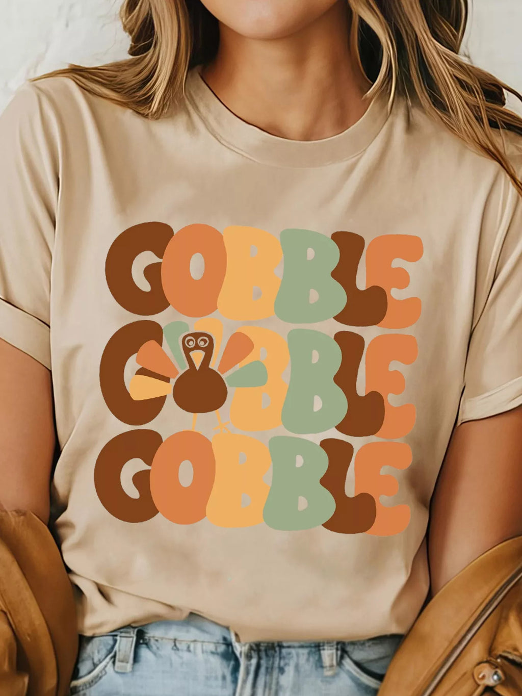 Sarah Express Women's GOBBLE Turkey Graphic Thanksgiving Round Neck Tee