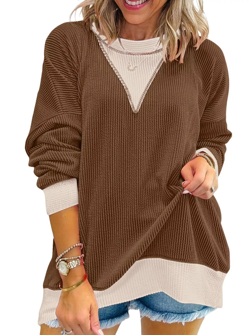 Sarah Express Women's Two-Tone Ribbed Knit Sweatshirt