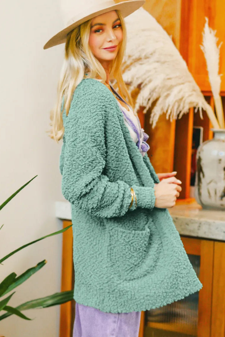  Long Sleeve Popcorn Sweater Cardigan with Pockets