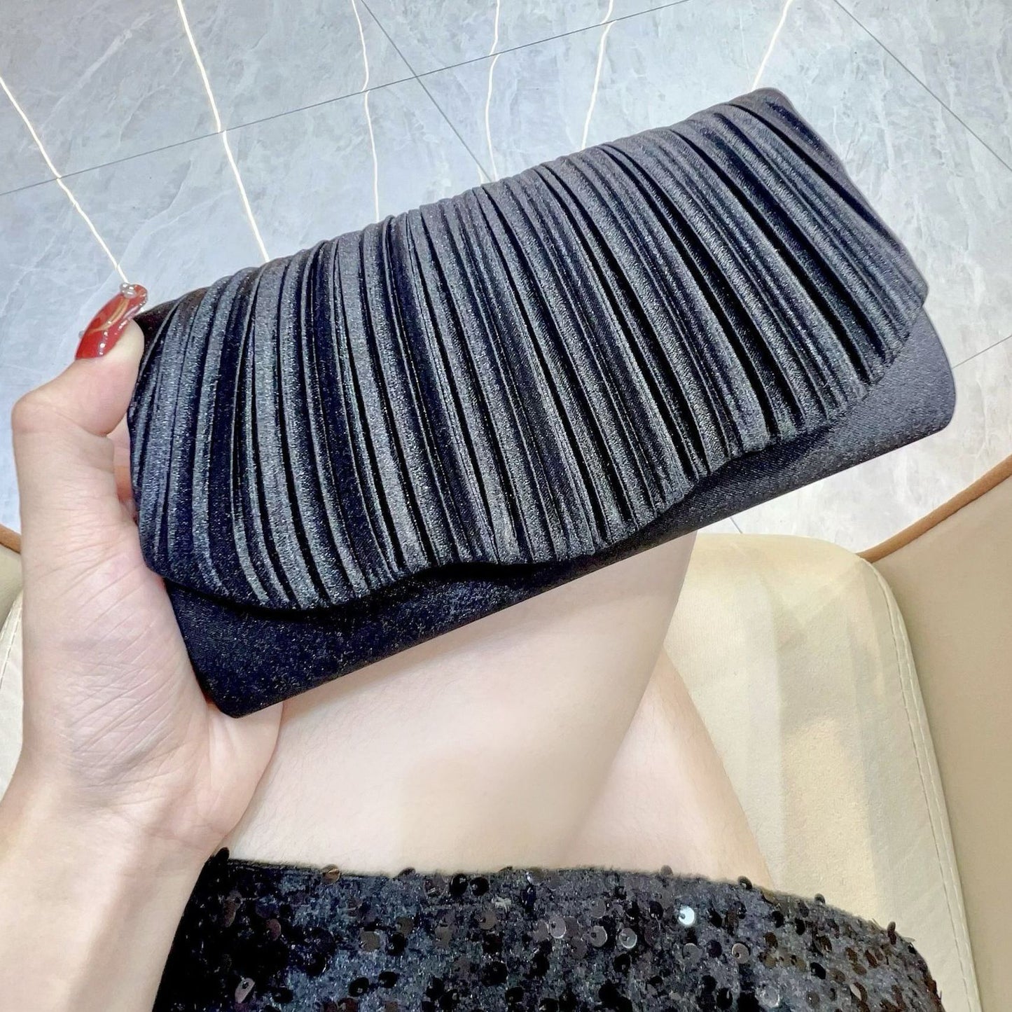 Sarah Express Elegant Satin Pleated Evening Clutch Bag - Cheongsam Style Formal Handbag with Hasp Lock Clutch Black
