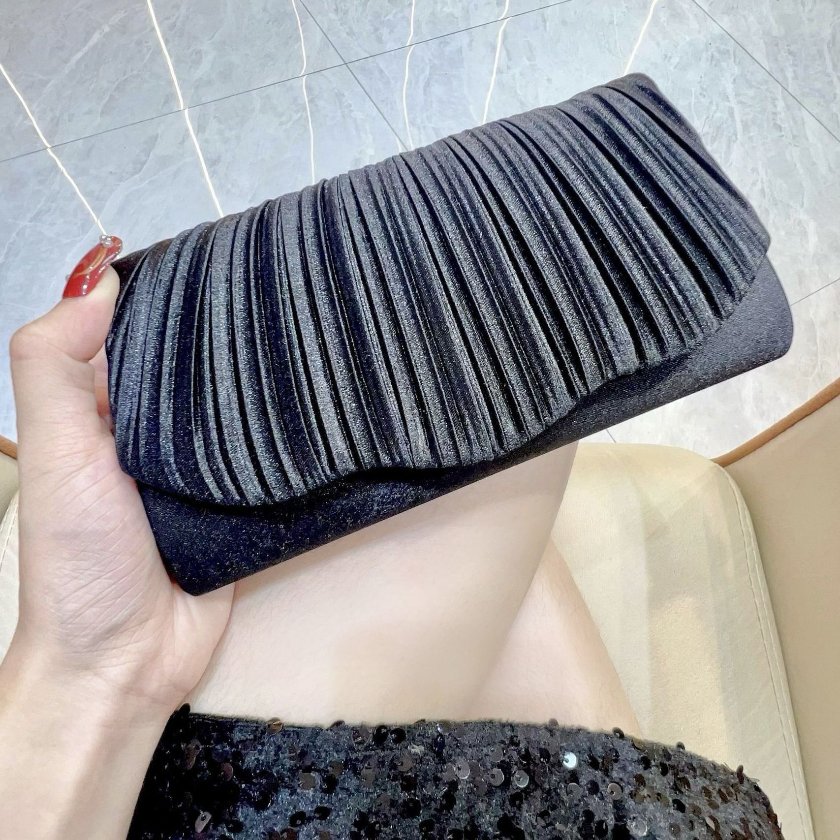 Sarah Express Elegant Satin Pleated Evening Clutch Bag - Cheongsam Style Formal Handbag with Hasp Lock Clutch Black