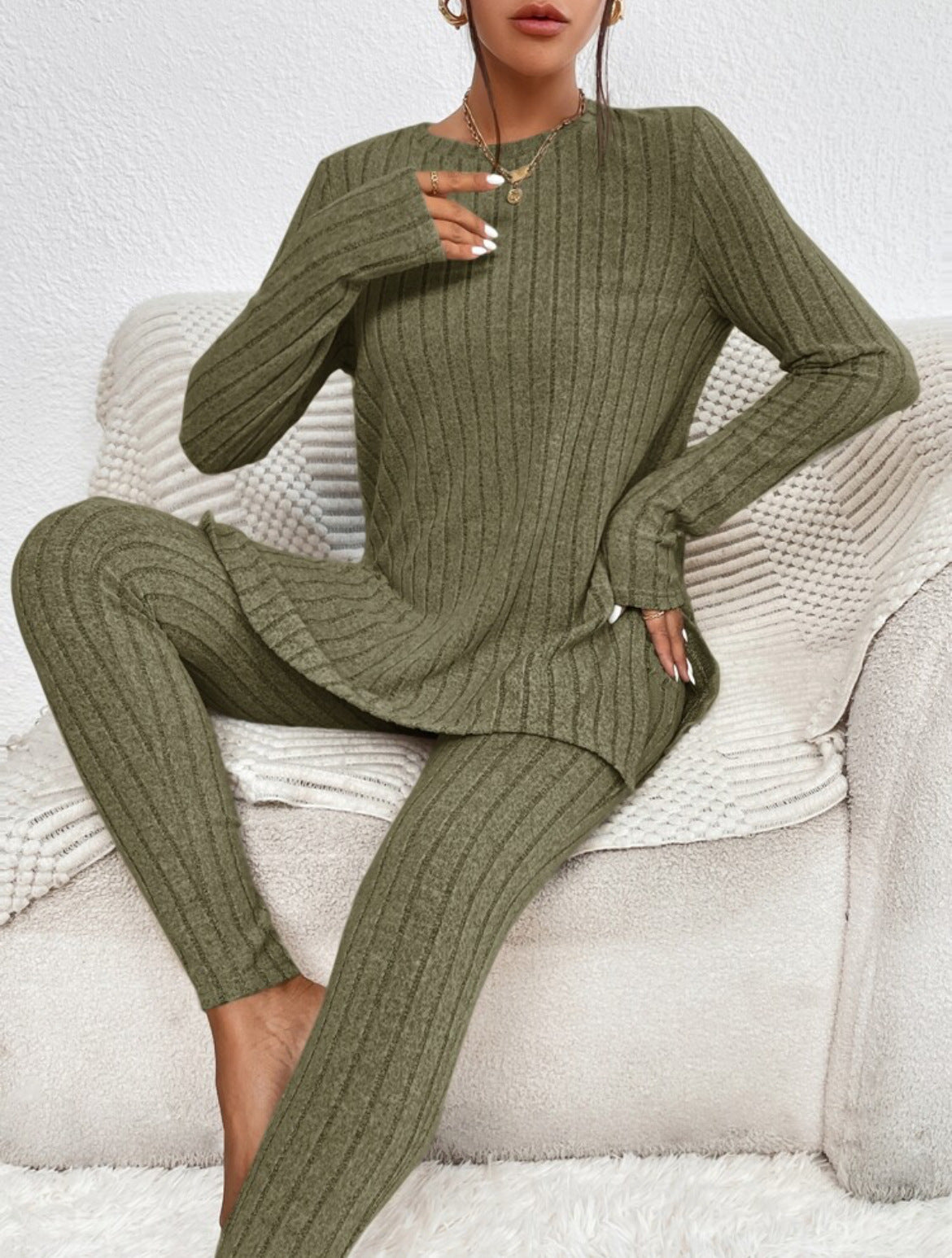 Women's Casual Cotton Two-Piece Matching Set Long Sleeve Top & Trousers