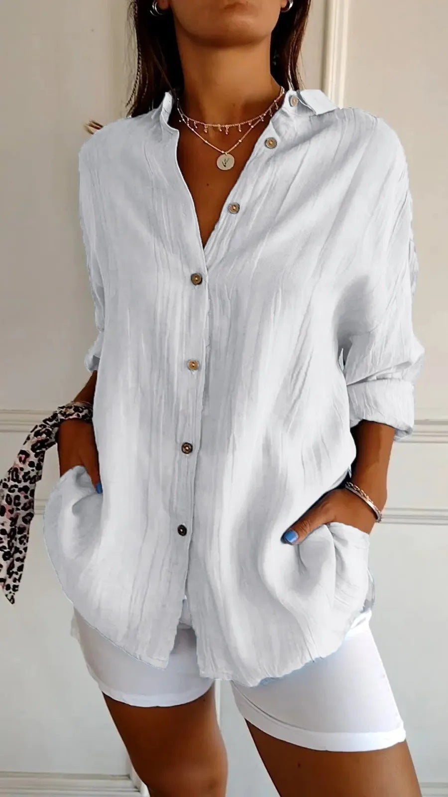 Women's Lapel Long Sleeve Pleated Button Front Shirt Blouse