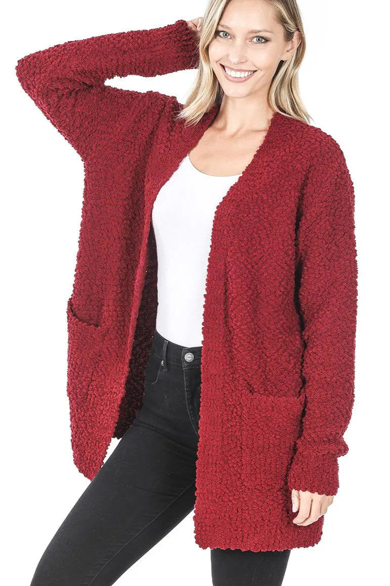 Long Sleeve Popcorn Sweater Cardigan with Pockets