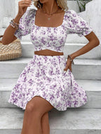 Women's Ditsy Floral Two-Piece Dress Set - Square Neck Bubble Sleeve Top & Skirt