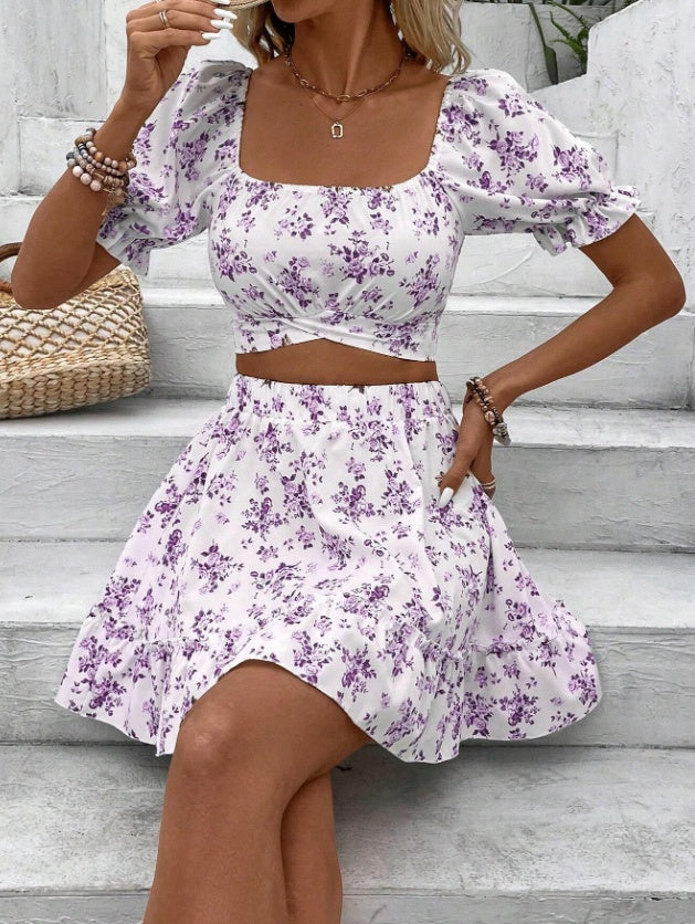 Women's Ditsy Floral Two-Piece Dress Set - Square Neck Bubble Sleeve Top & Skirt
