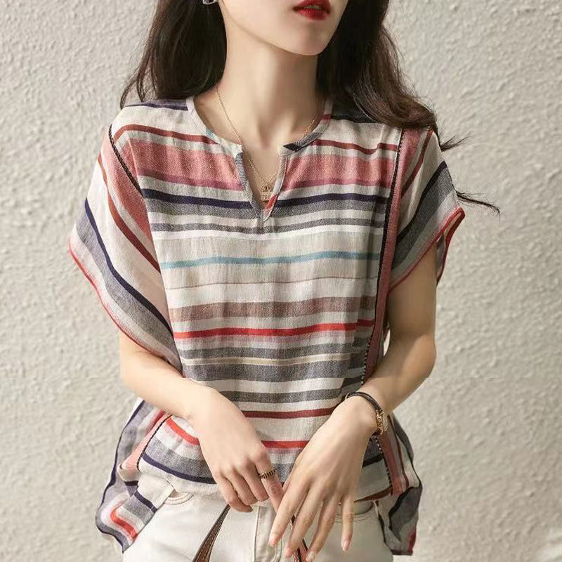 Women's Striped Long Sleeve Button-Up Shirt Loose Fit V-Neck Cardigan Top