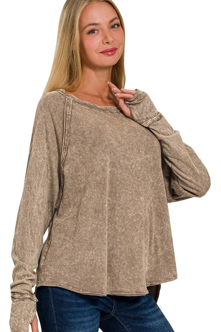 Sarah Express Women’s Crinkle Wash Long Sleeve Top with Thumbhole Cuffs