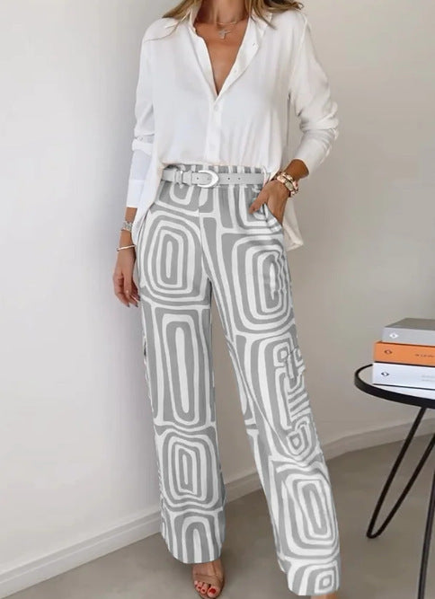 Women's 2-Piece Suit Set Lapel Shirt Wide Leg Pants Printed