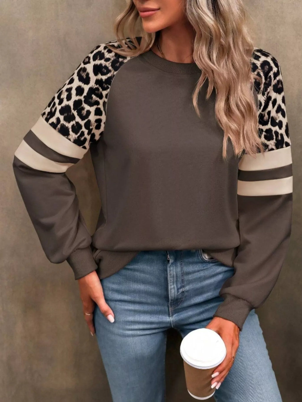 Sarah Express Women's Leopard Round Neck Raglan Sleeve Sweatshirt
