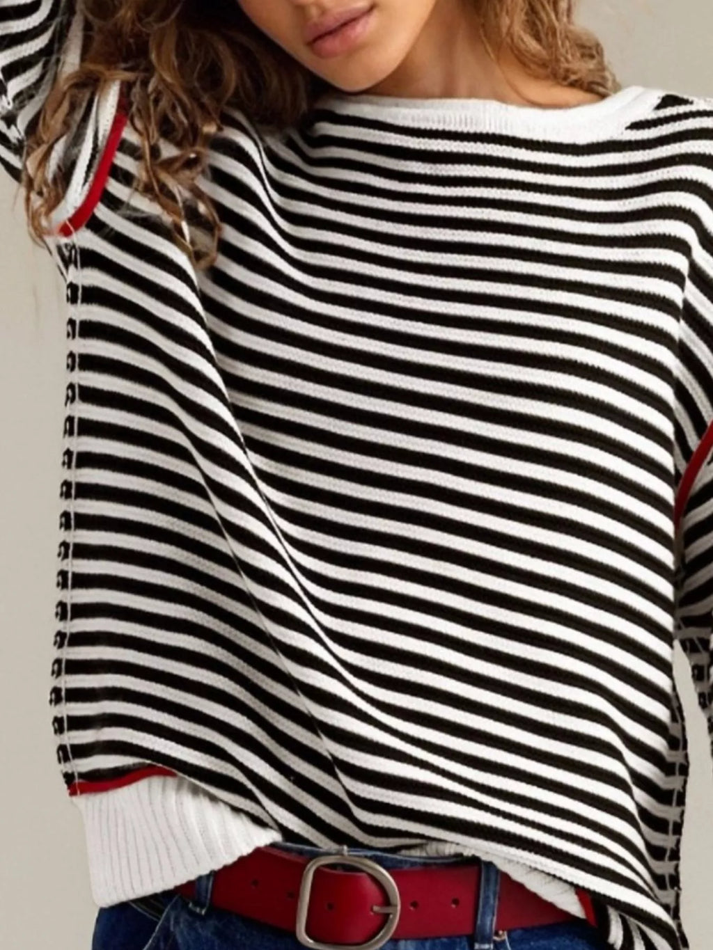 Sarah Express Women's Striped Round Neck Long Sleeve Sweater - Ribbed Knit Pullover