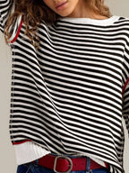 Sarah Express Women's Striped Round Neck Long Sleeve Sweater - Ribbed Knit Pullover