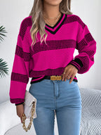 Sarah Express Women's Contrast Striped V-Neck Sweater
