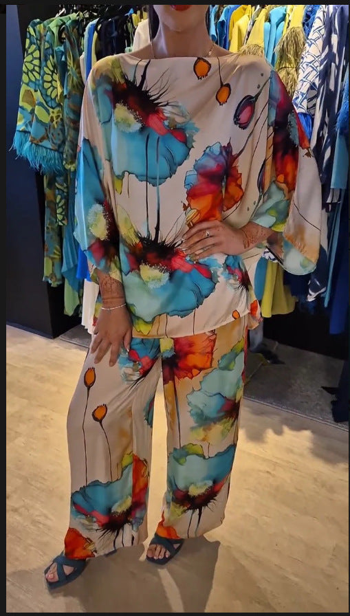 Women's Printed Satin Two-Piece Suit Bell Sleeve Top and Pants Set