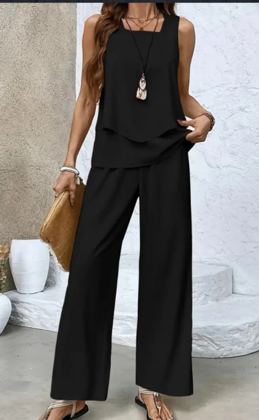 Women's Print Two-Piece Set Sleeveless Double Layer Vest Top Loose Straight Pants Floral Suit