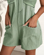 High Waist Sleeveless Romper Jumpsuit Metal Strap Pockets