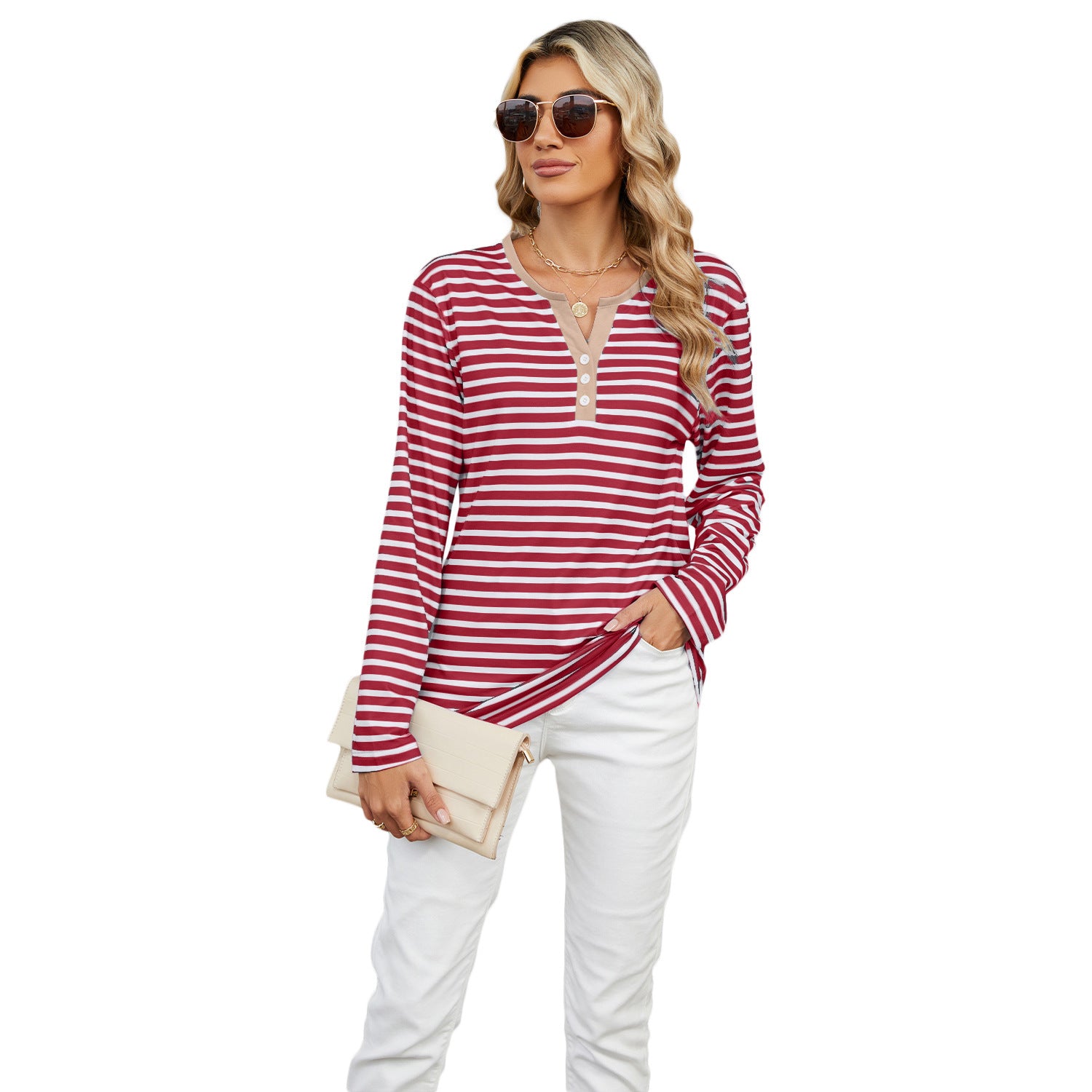 Women's V-Neck Striped Long Sleeve T-Shirt Loose Fit Casual Top